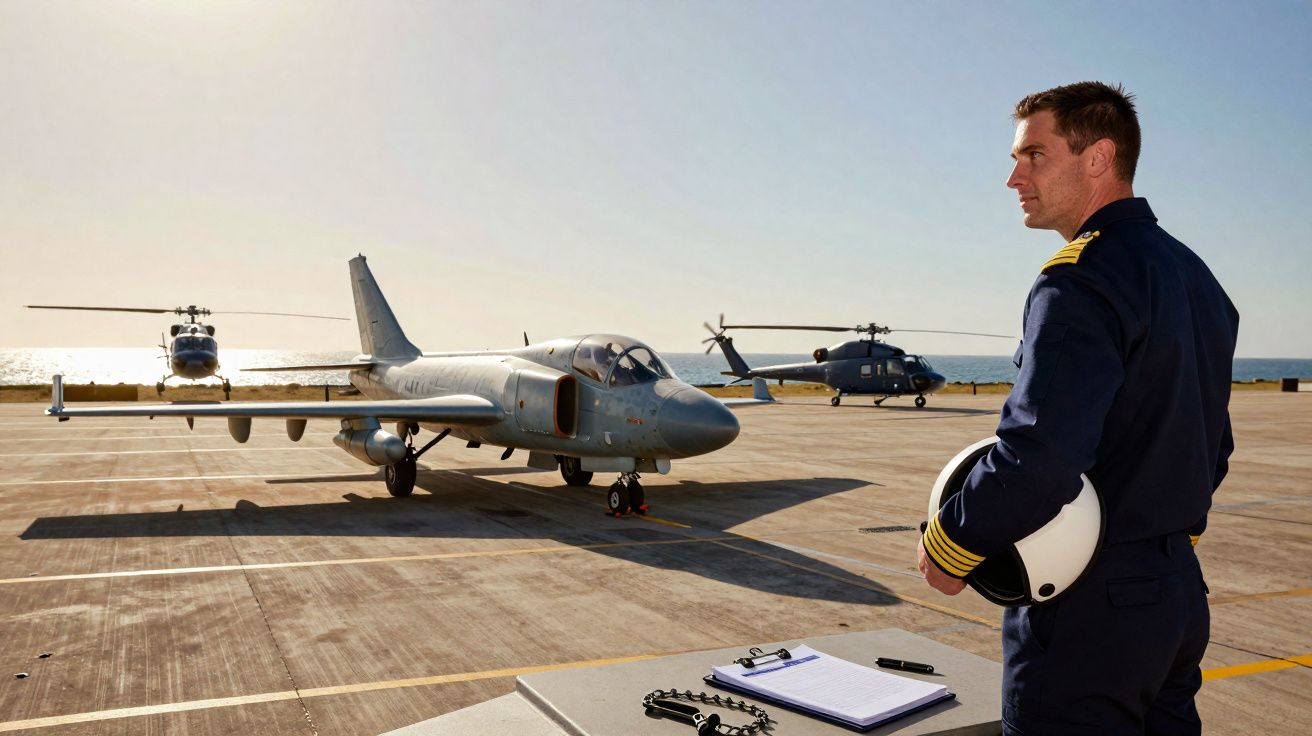 Piloto militar com fato azul e capacete na mão observa avião e helicópteros num aeroporto junto ao mar.