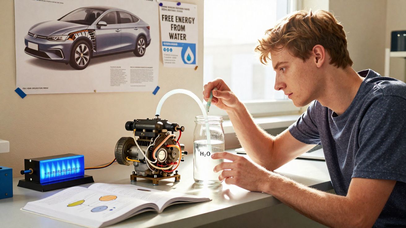 Homem jovem a realizar experimento científico com água e motor numa mesa de trabalho iluminada.