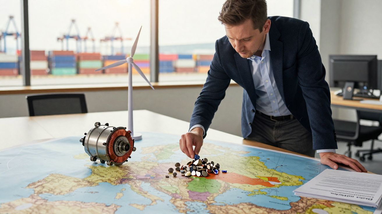 Homem com fato azul aponta para peças sobre mapa da Europa com maquete de turbina eólica na mesa.