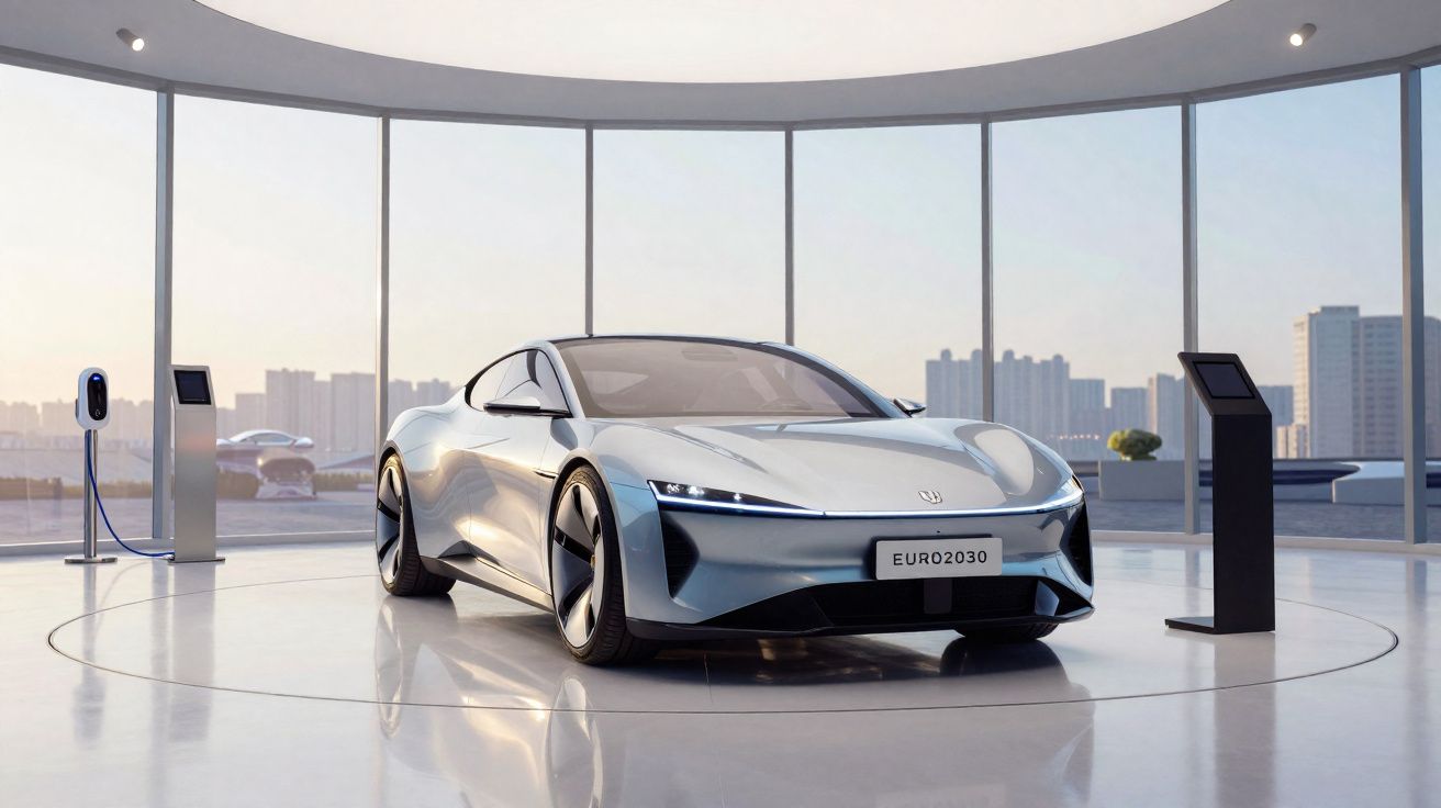 Carro elétrico futurista prata exposto em showroom moderno com grandes janelas panorâmicas e carregador elétrico.