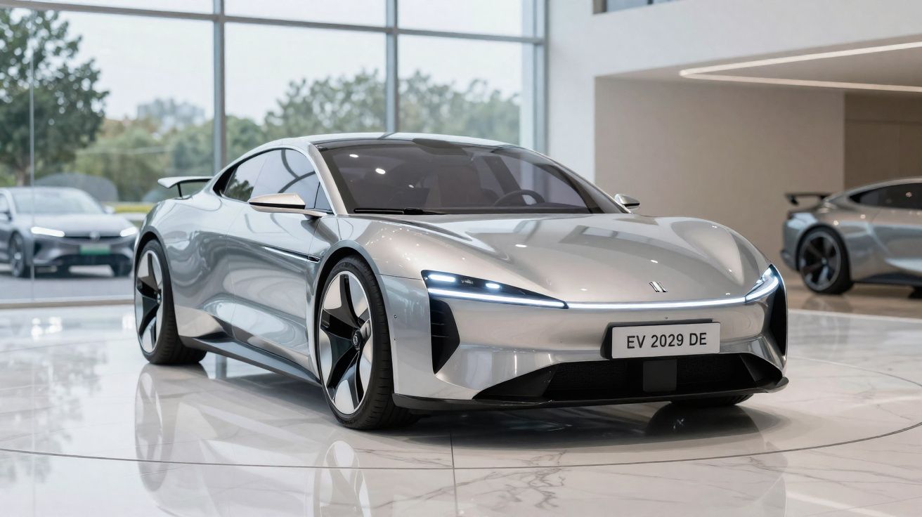 Carro elétrico desportivo cinza prateado estacionado em interior moderno com janelas grandes ao fundo.