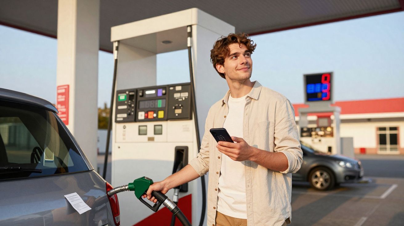 Jovem a abastecer um carro numa bomba de gasolina, segurando um telemóvel e olhando para o lado.