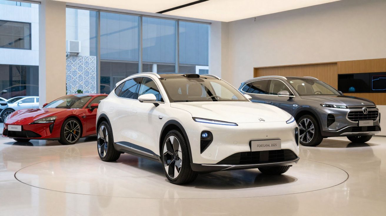Sala de exposição com três carros elétricos de diferentes modelos expostos em piso brilhante e paredes com janelas grandes.