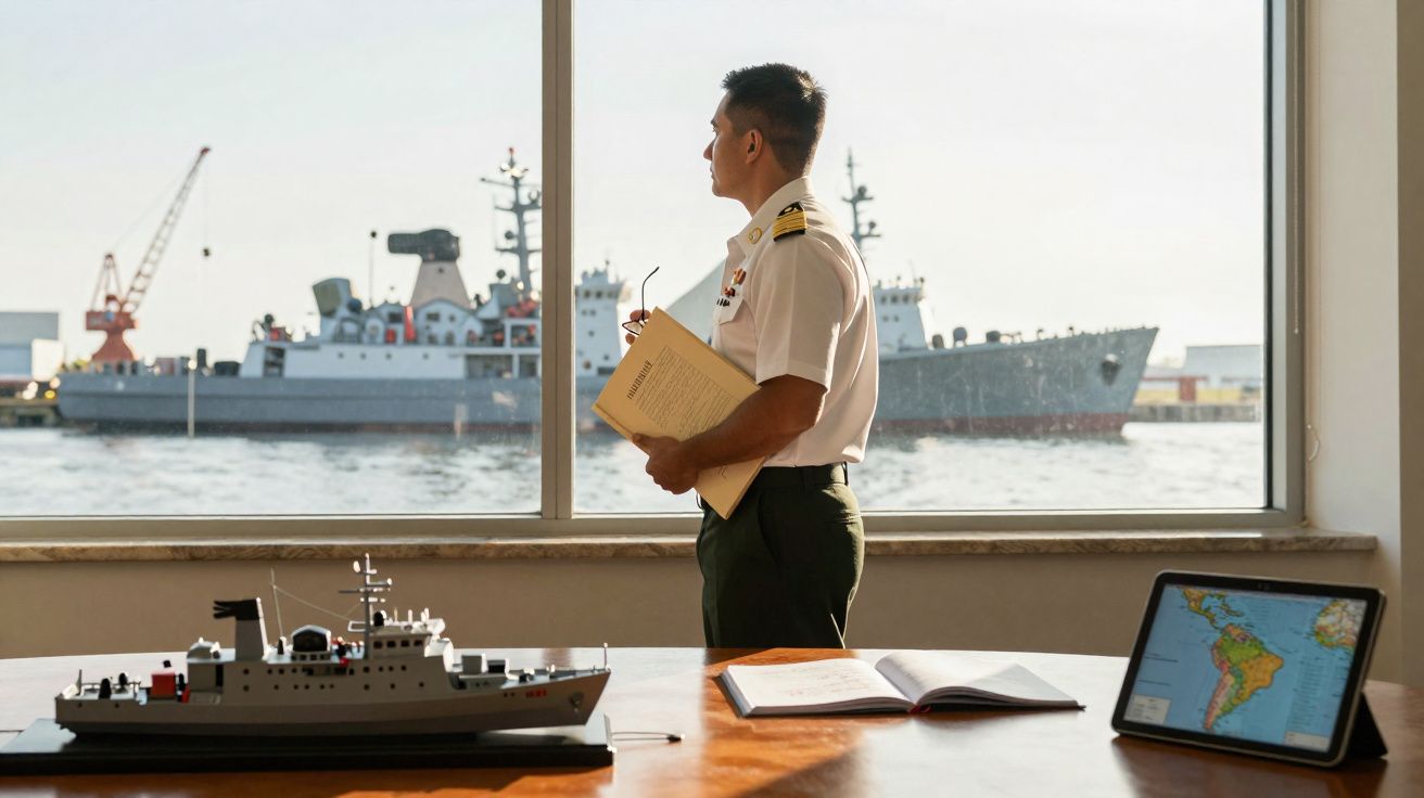 Homem em uniforme naval observa o mar pela janela, com modelo de navio e mapa na mesa à frente.