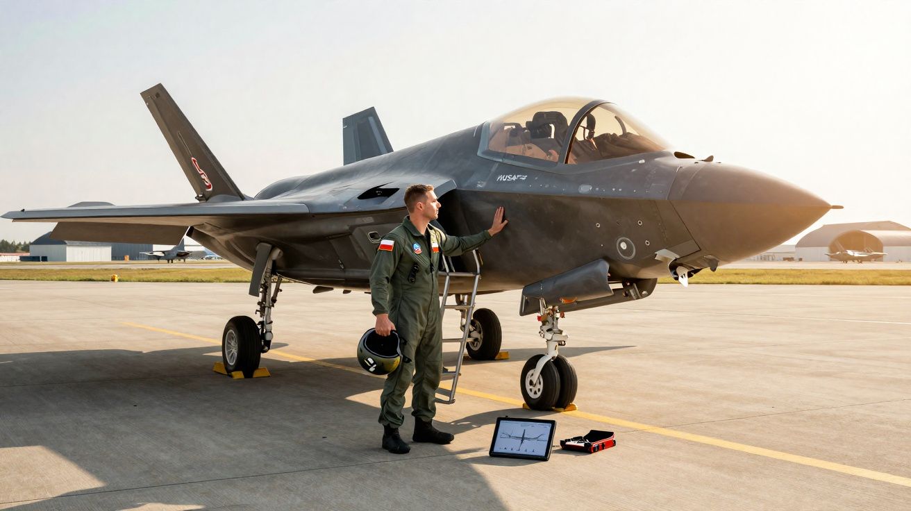 Piloto militar com fato verde junto a caça furtivo cinza estacionado num aeroporto sob luz do dia.