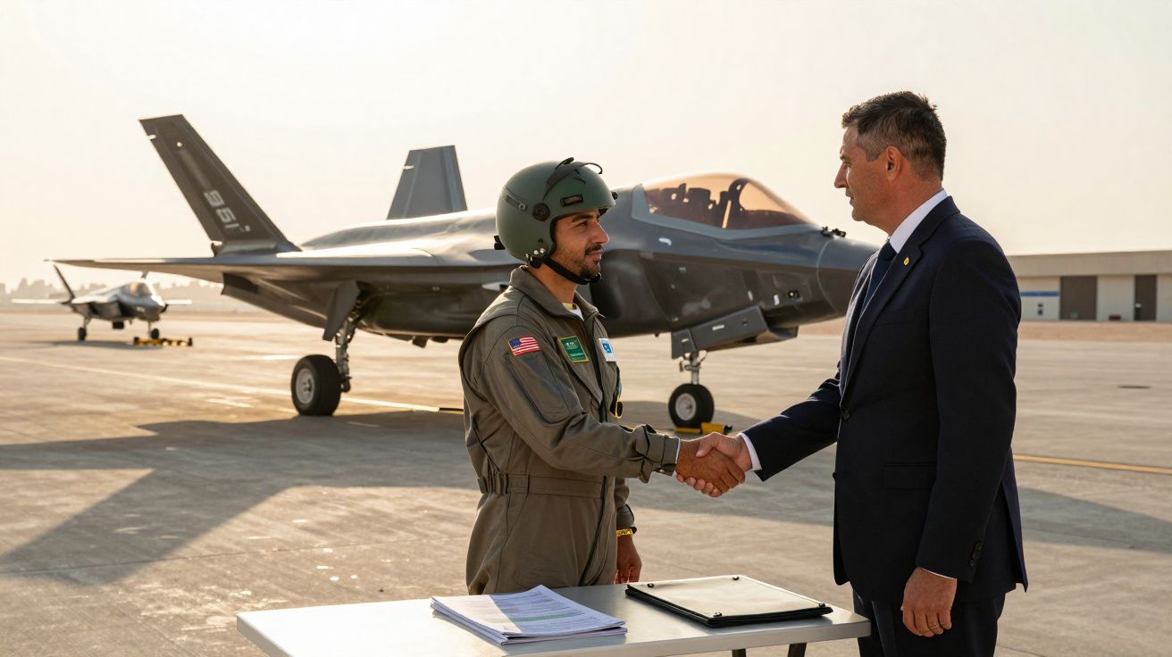 Militar em fato de voo apertando mão de homem de fato no pátio de aeroporto com caças ao fundo.