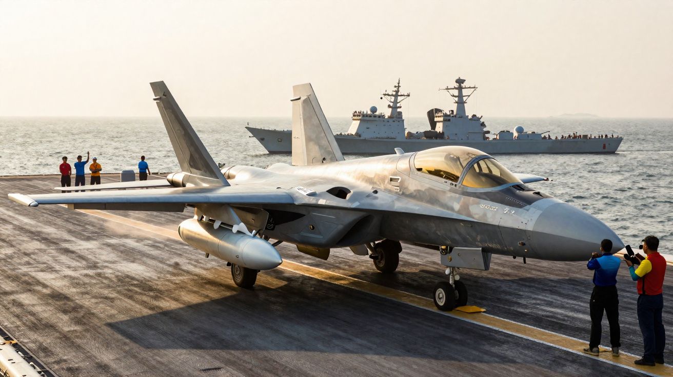 Caça F-35 a descolar de porta-aviões com tripulantes a observar e navio militar no mar ao fundo.