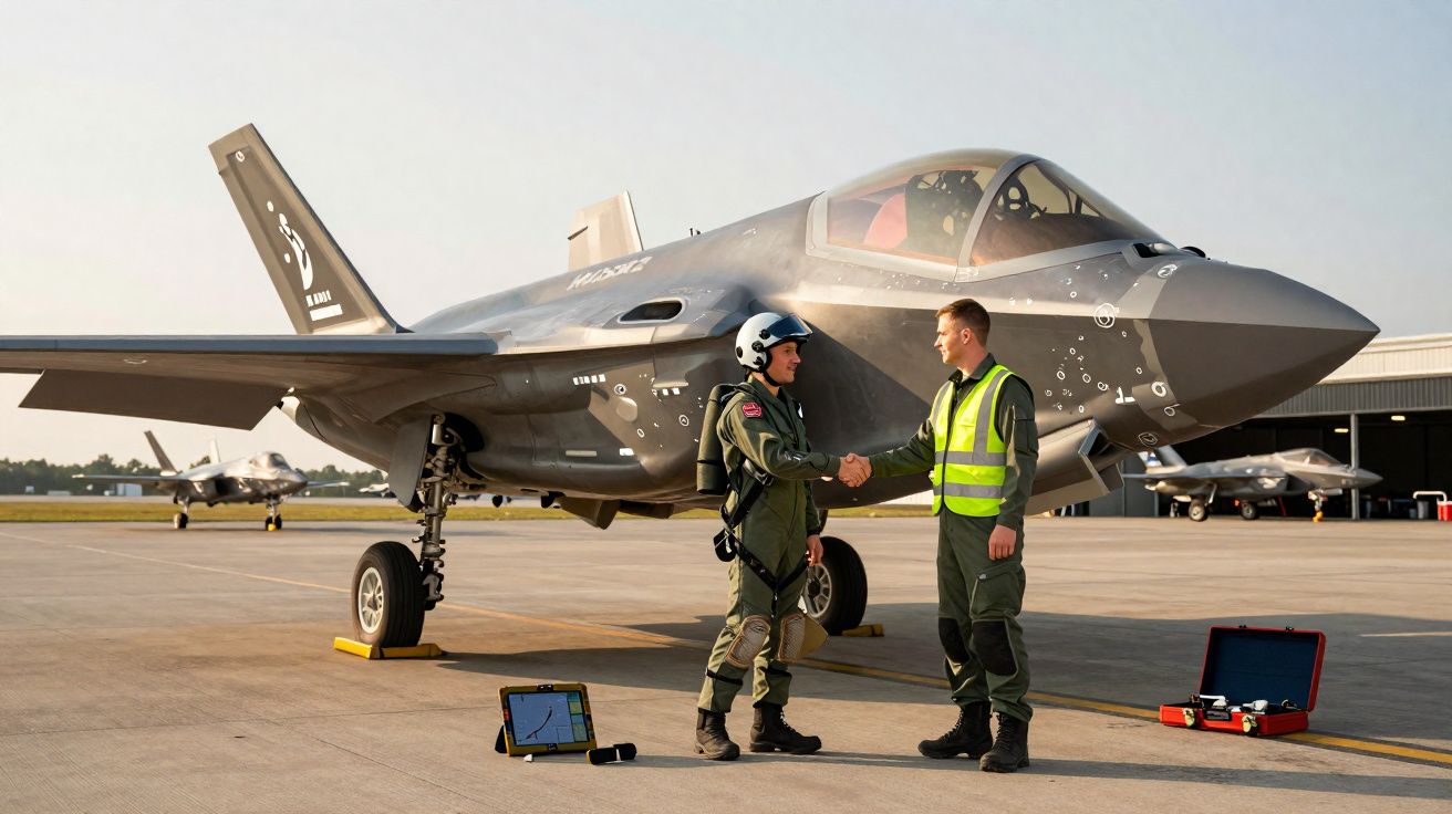 Dois pilotos de aviões militares apertam as mãos em pista de aeroporto junto a jato de combate estacionado.
