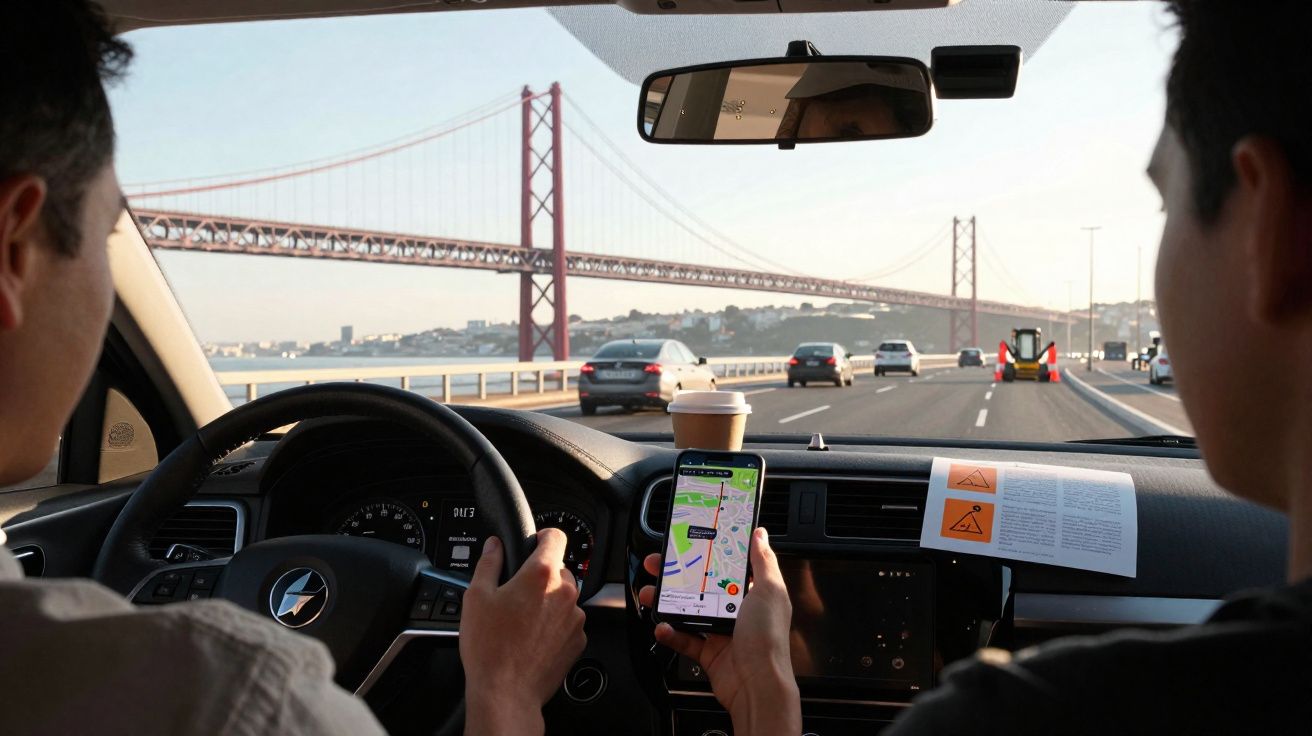 Interior de carro com dois homens, um conduz e outro segura smartphone com GPS, à frente ponte suspensa e trânsito urbano.