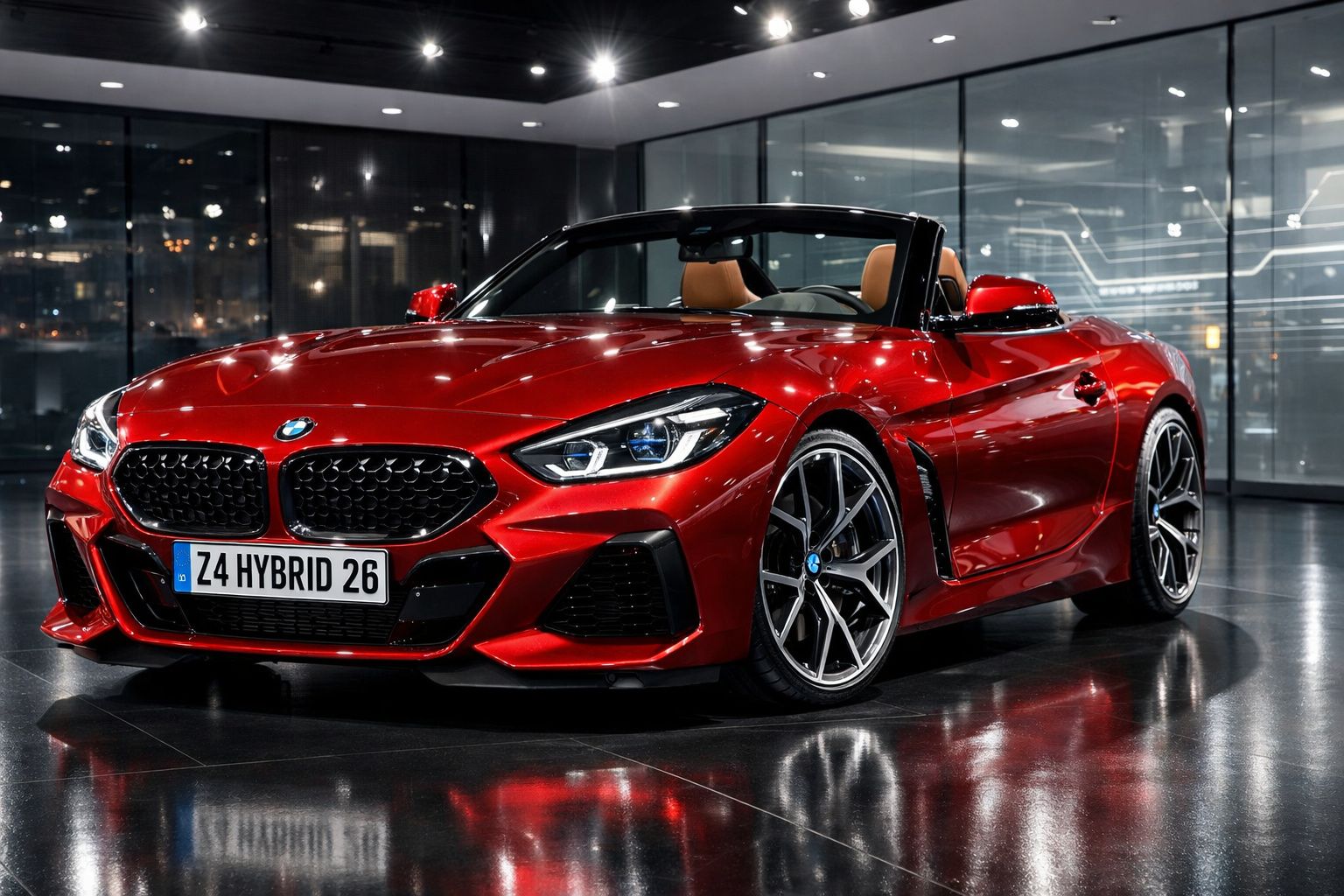 Carro desportivo conversível BMW vermelho brilhante num interior moderno com grandes jantes e faróis LED.