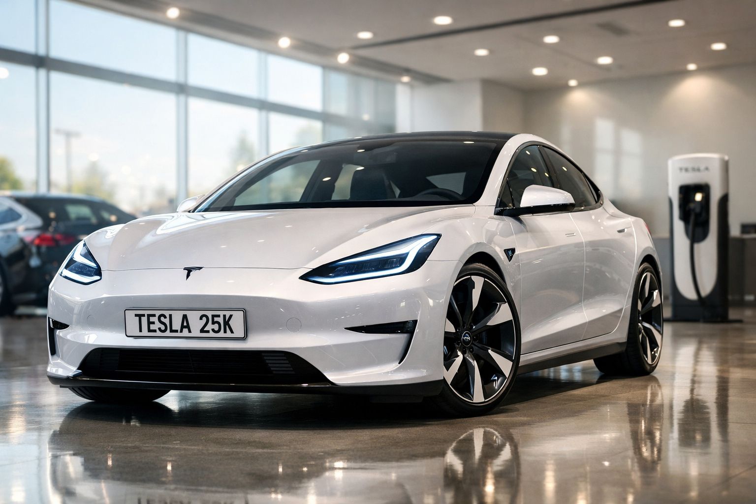 Carro elétrico Tesla branco estacionado em showroom com estação de carregamento ao fundo.