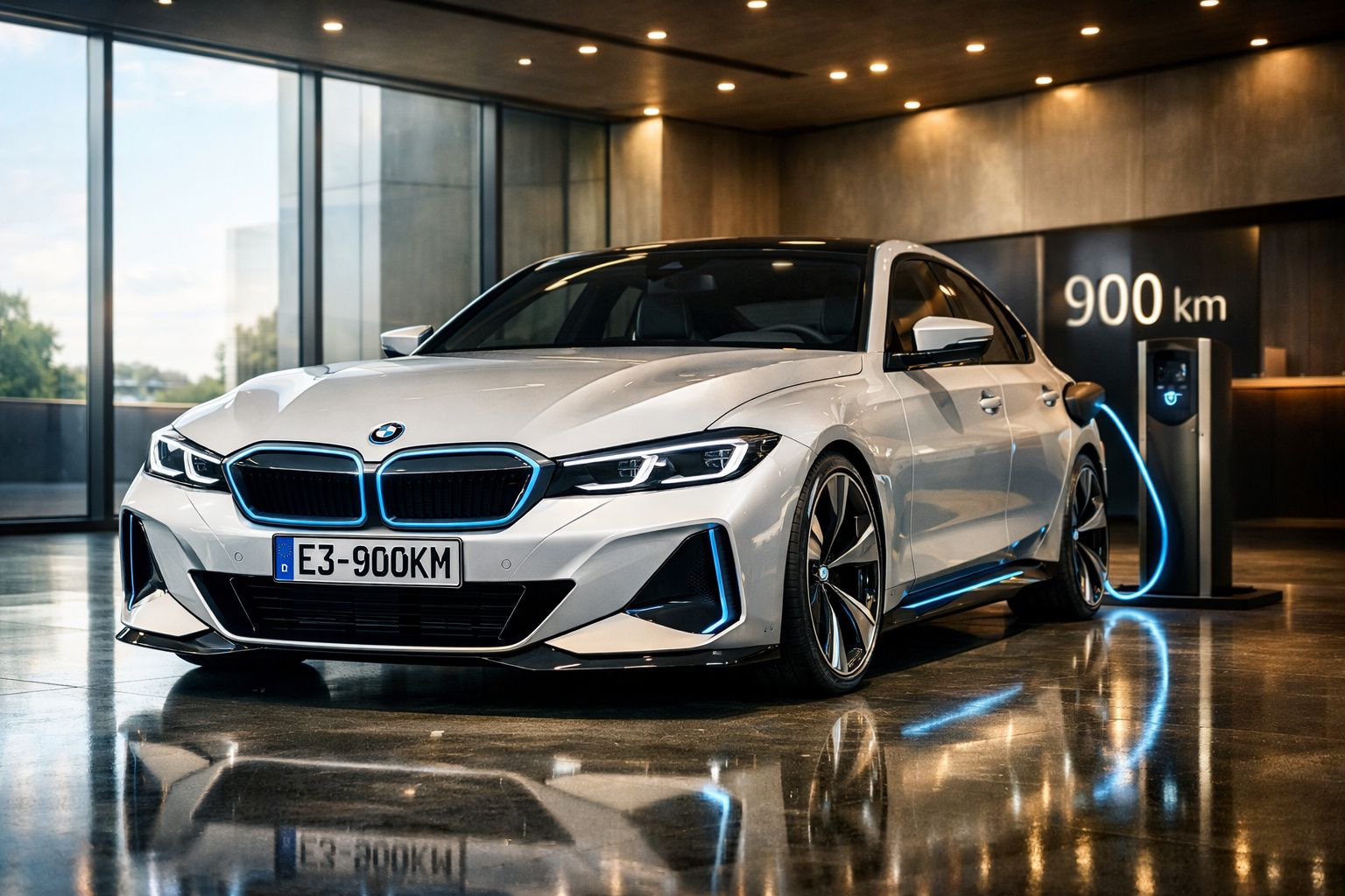 Carro elétrico BMW branco em carregamento com indicação de autonomia de 900 km numa garagem moderna.
