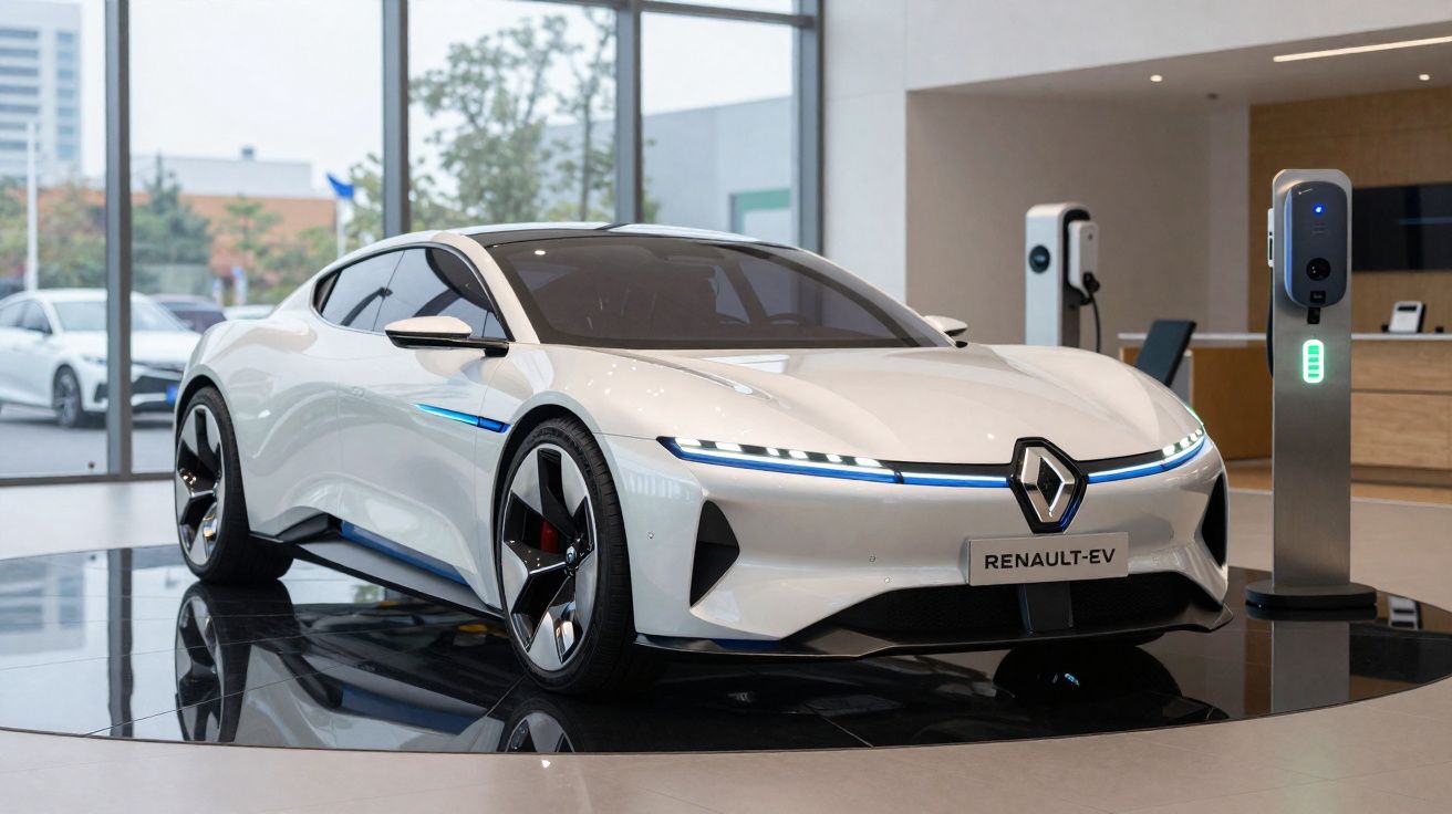 Carro elétrico branco Renault EV exposto numa sala moderna com estação de carregamento ao lado.