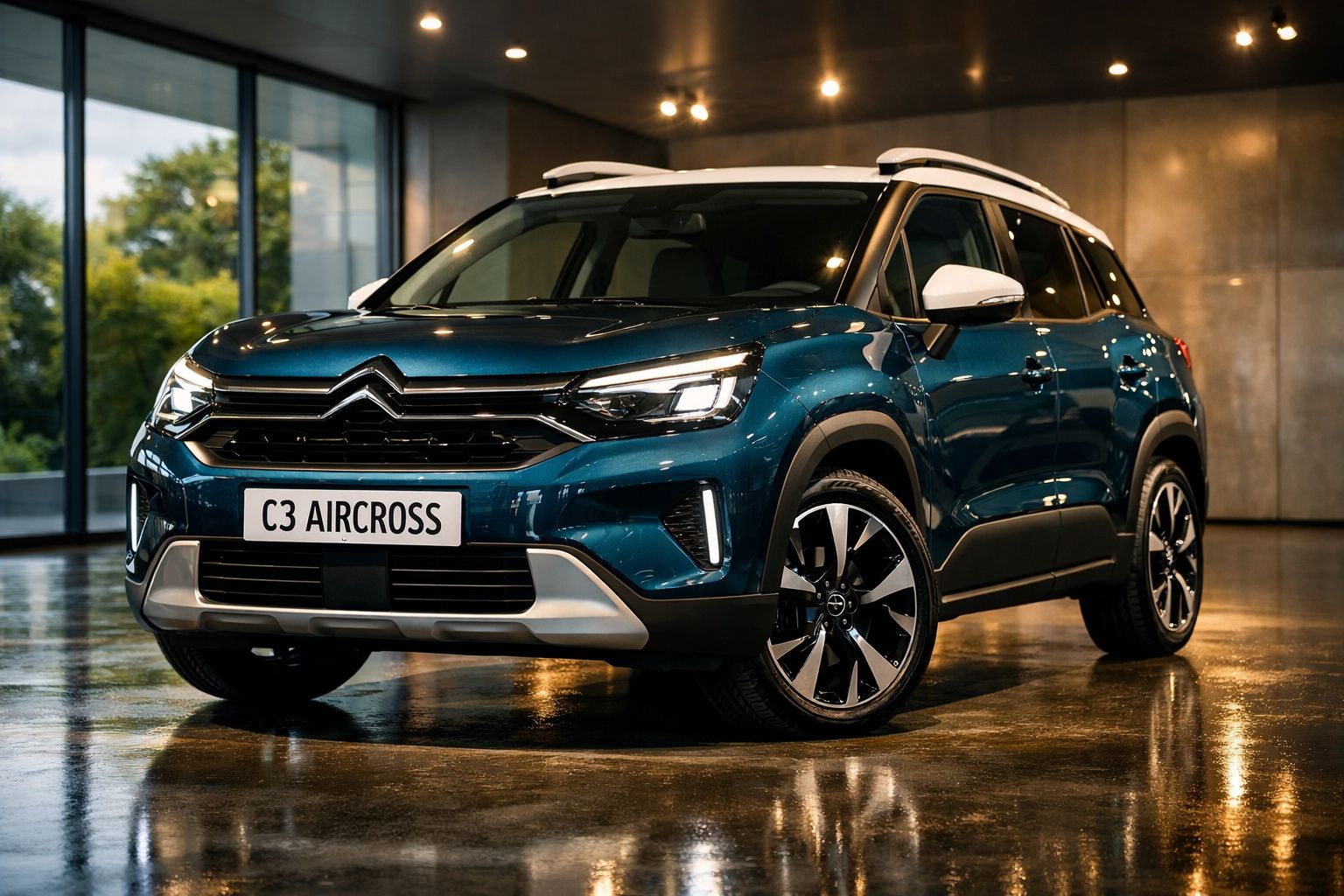 Carro Citroën C3 Aircross azul escuro estacionado em interior moderno com chão reflexivo.