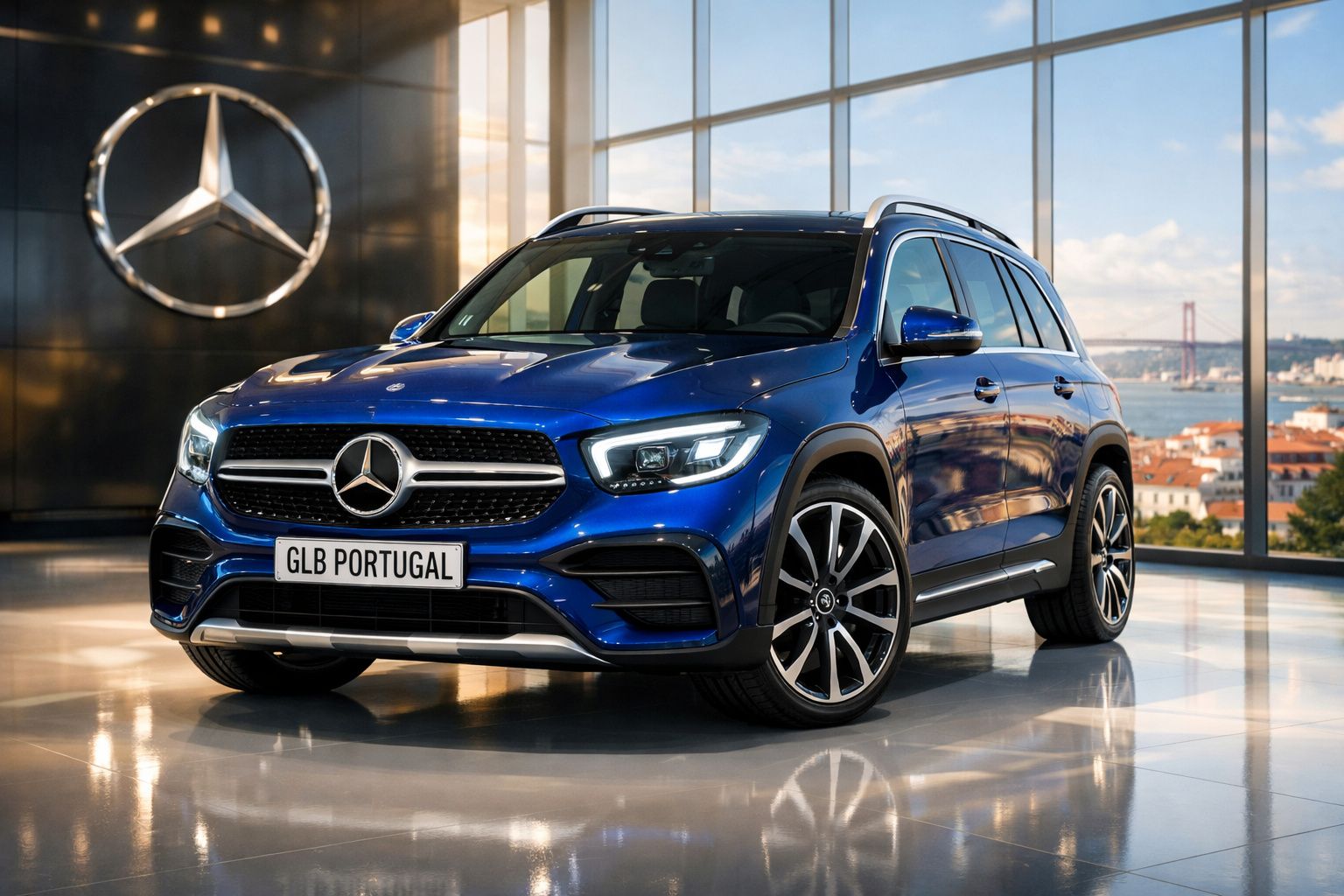 Carro Mercedes-Benz SUV azul em showroom com vista para Lisboa e Ponte 25 de Abril ao fundo.