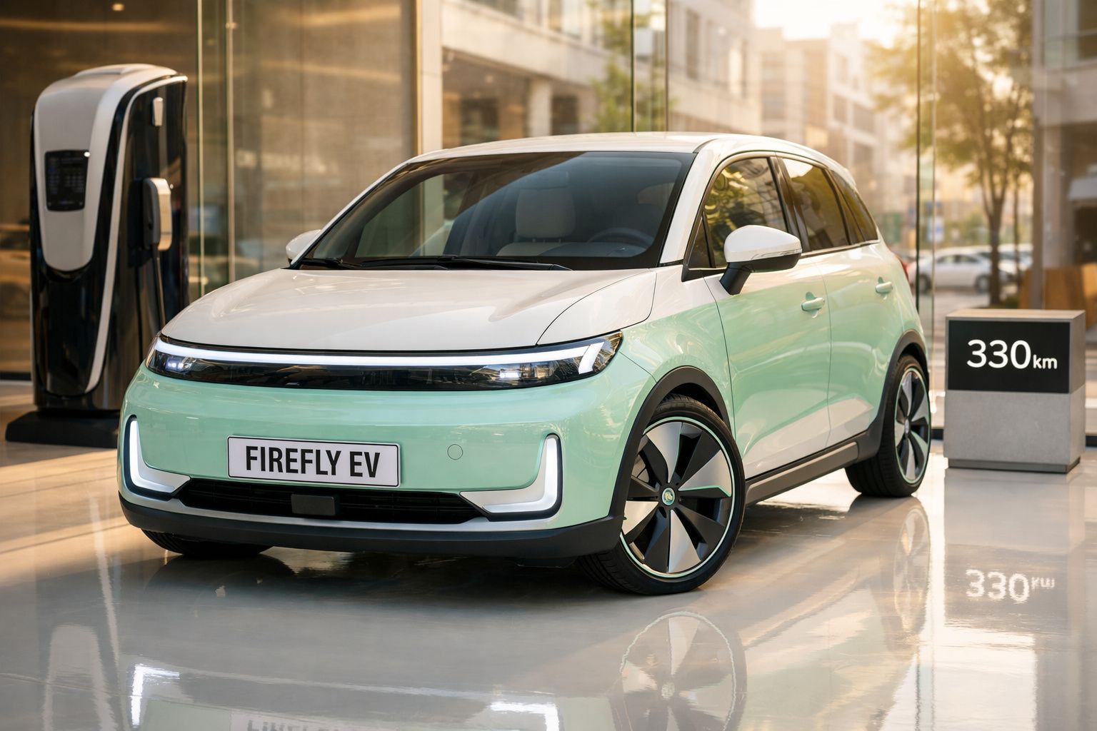 Carro elétrico branco e verde estacionado numa estação de carregamento com sinal a indicar 330 km de autonomia.