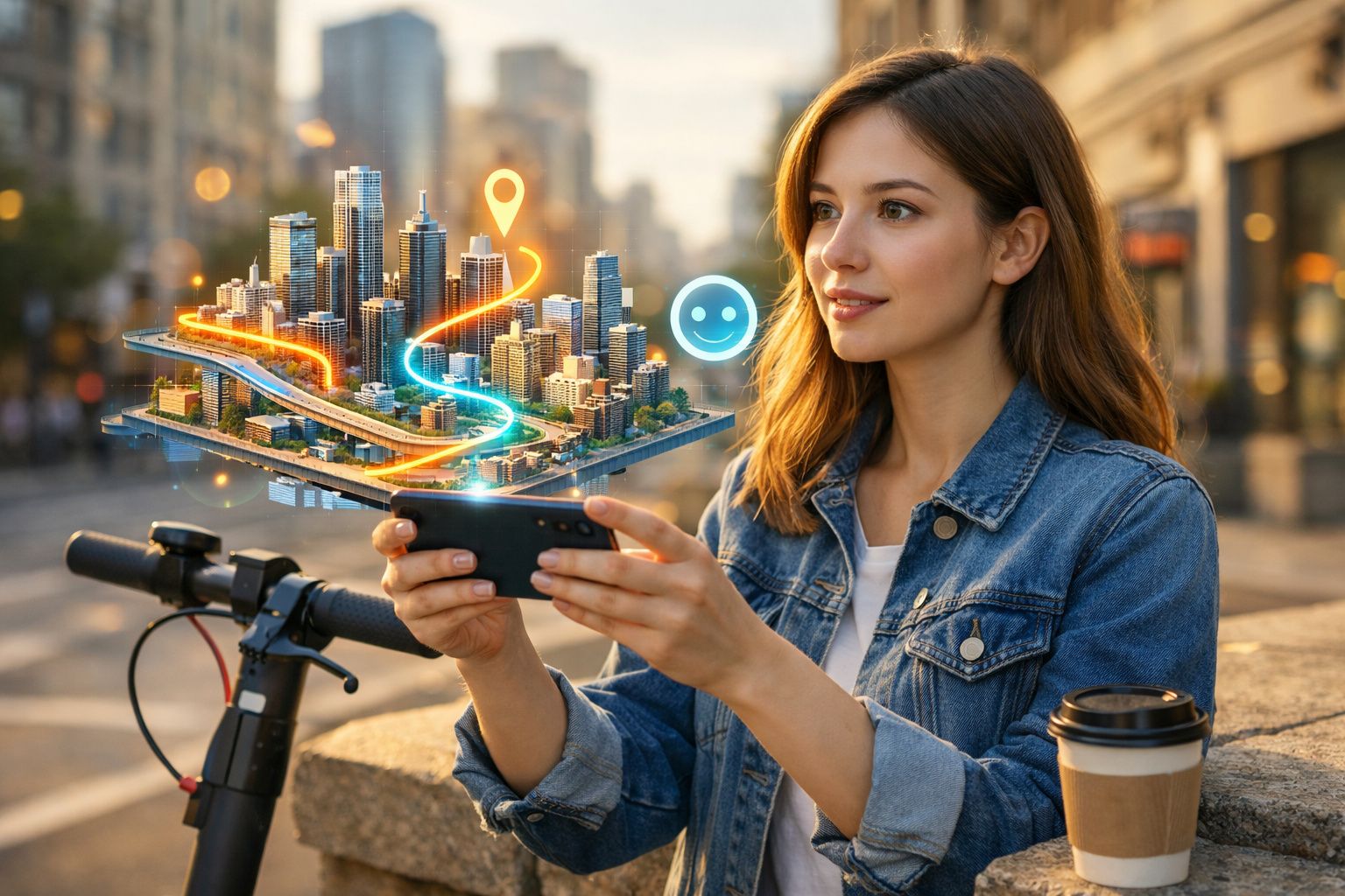 Jovem com smartphone a visualizar mapa virtual 3D de cidade enquanto está ao ar livre junto a uma trotinete elétrica.