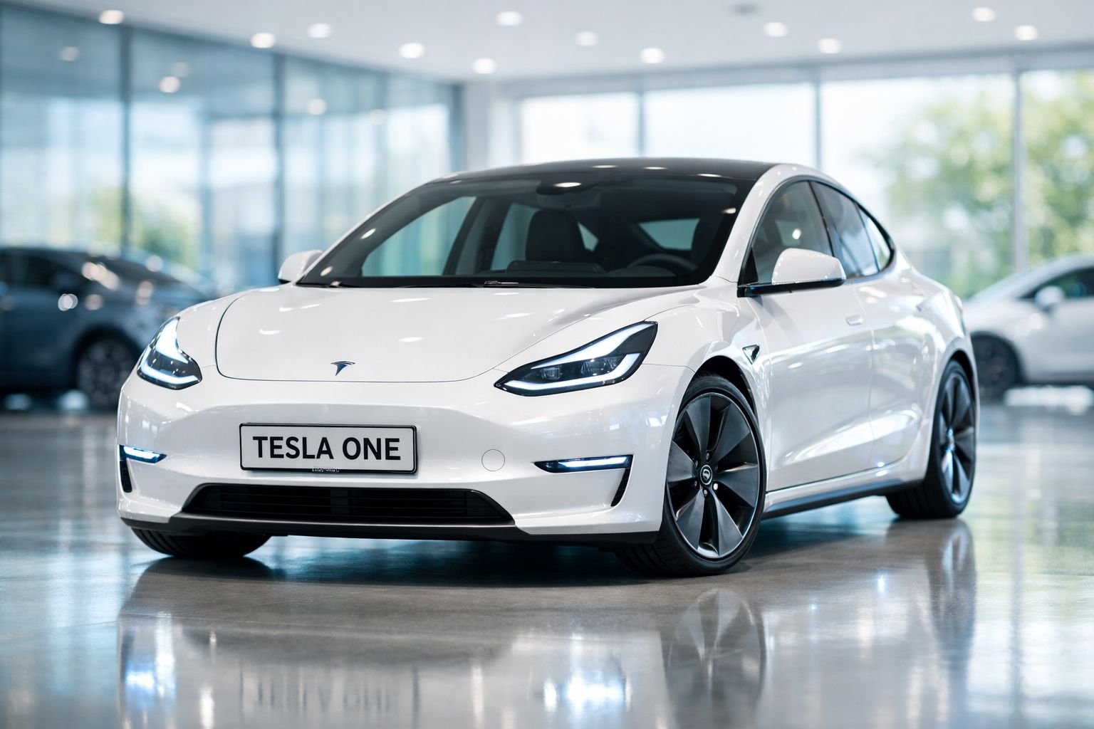 Carro elétrico Tesla branco visto de frente num showroom moderno e iluminado.