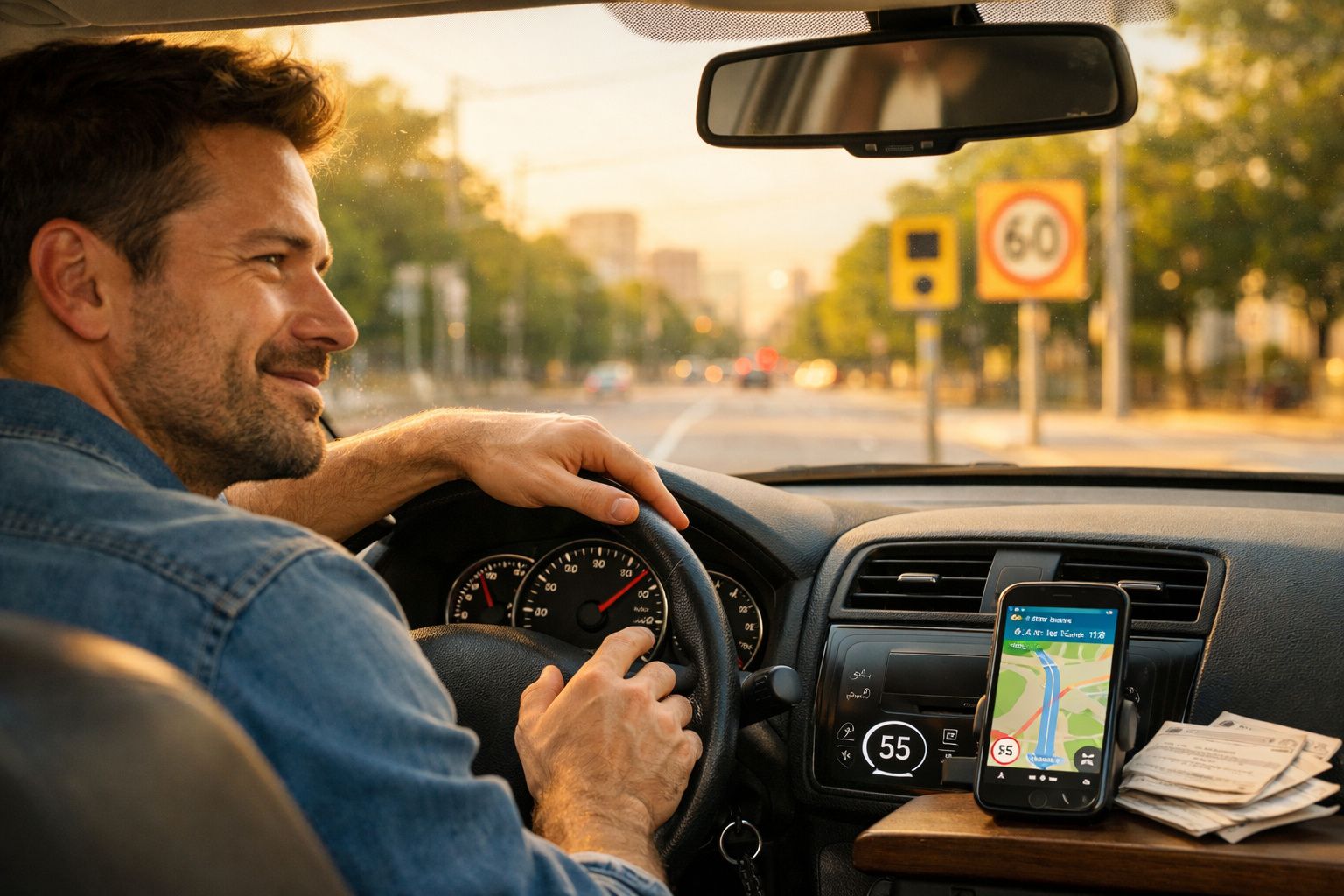 Homem a conduzir carro em estrada urbana com GPS visível e sinal de velocidade 60 ao fundo.