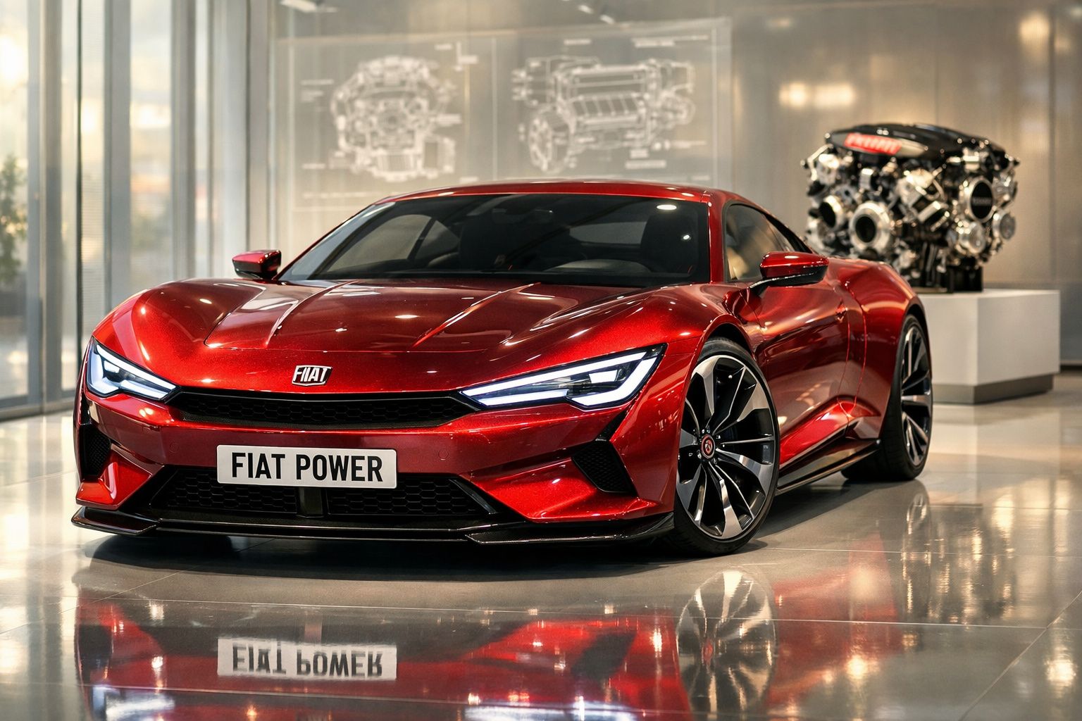Carro desportivo vermelho FIAT com luzes LED e motor exposto ao fundo num showroom moderno.